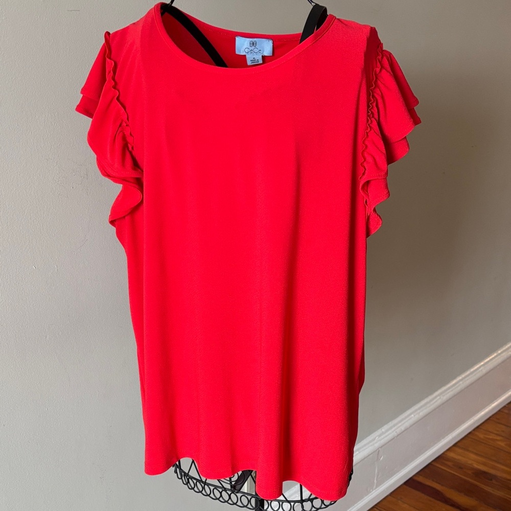 CeCe Bright Red Ruffle Sleeve Blouse